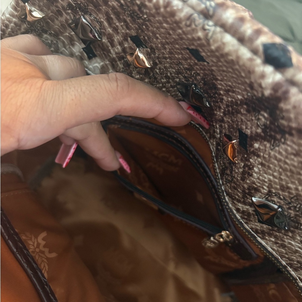 MCM Brown Snakeskin-Print Studded Backpack with Gold Hardware - Picture 9 of 11